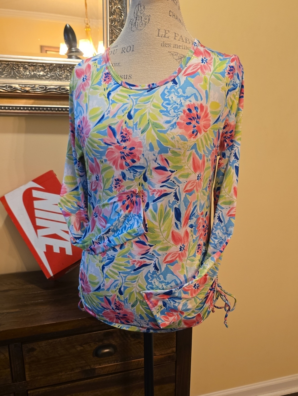 Stella Parker Floral Drawstring Hem Long Sleeve Top